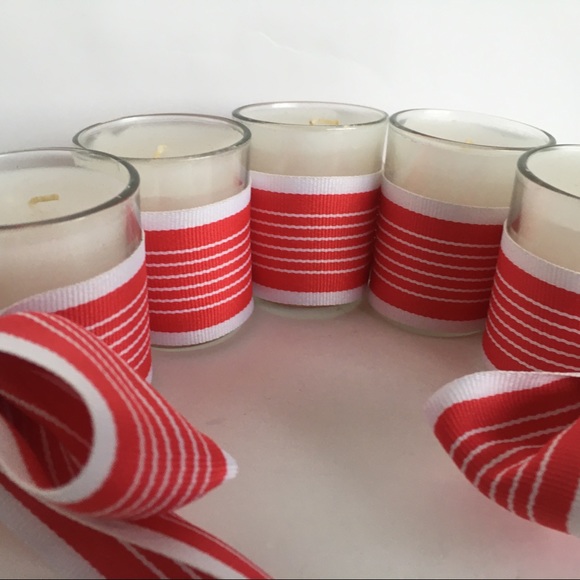 Christmas votive Candles red white ribbon bows 10" long 2" high White candle - Picture 9 of 13